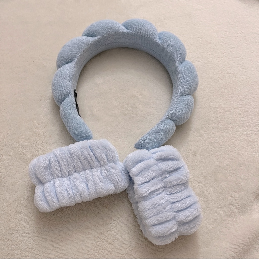 Spa Headband with Matching Wristband for Washing Face (Blue)